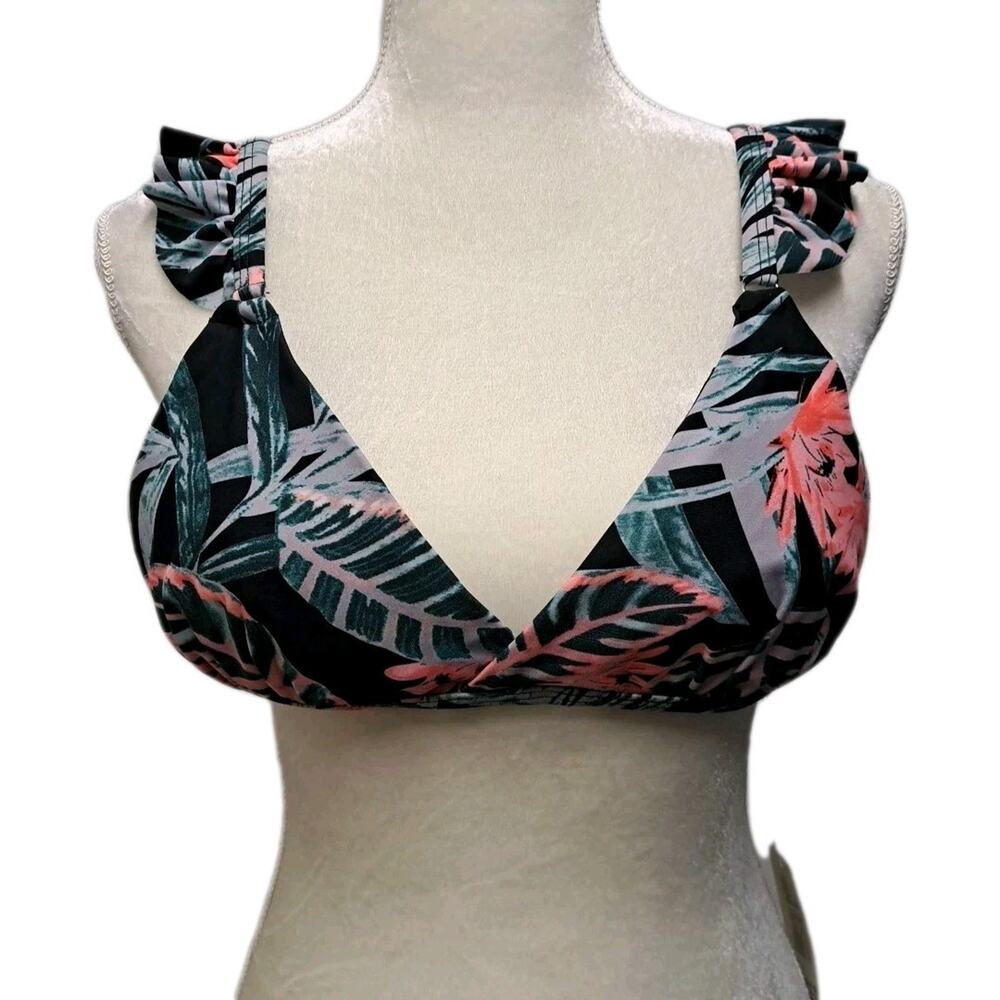 NWT Mermaid Bikini Swim Top Womens L Black Tropical Removable Pads Ruffle Straps